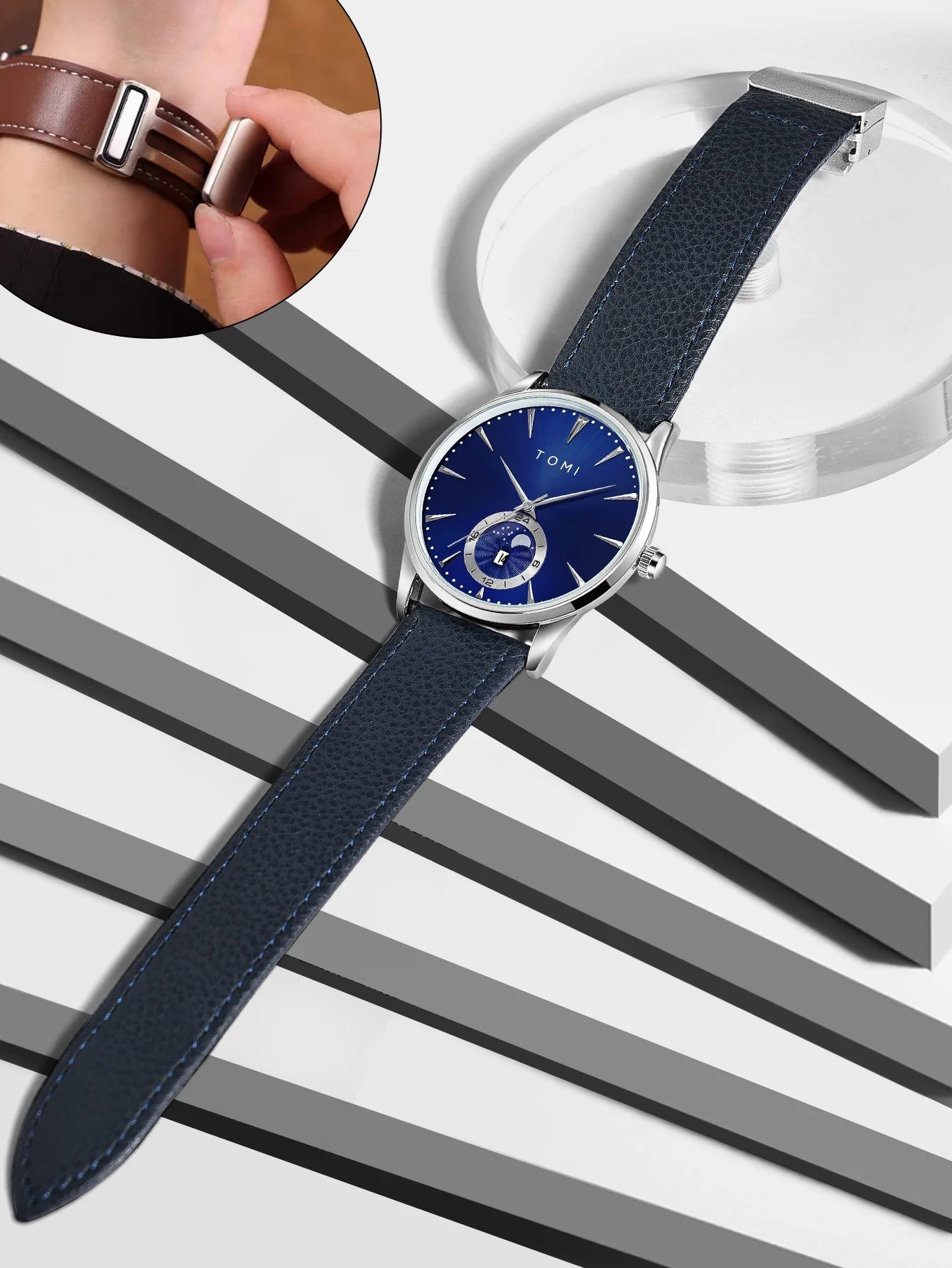 Relógio Masculino TOMI Luxo de Couro com Calendário