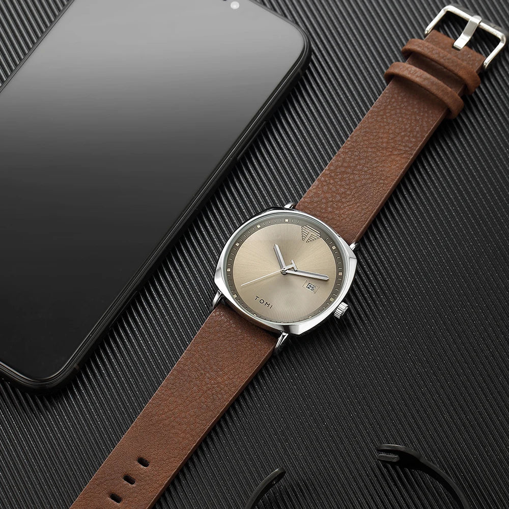 Relógio Masculino de Quartzo com Pulseira de Couro e Calendário