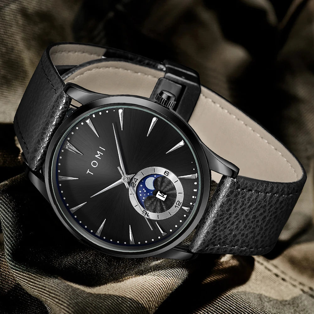 Relógio Masculino TOMI Luxo de Couro com Calendário