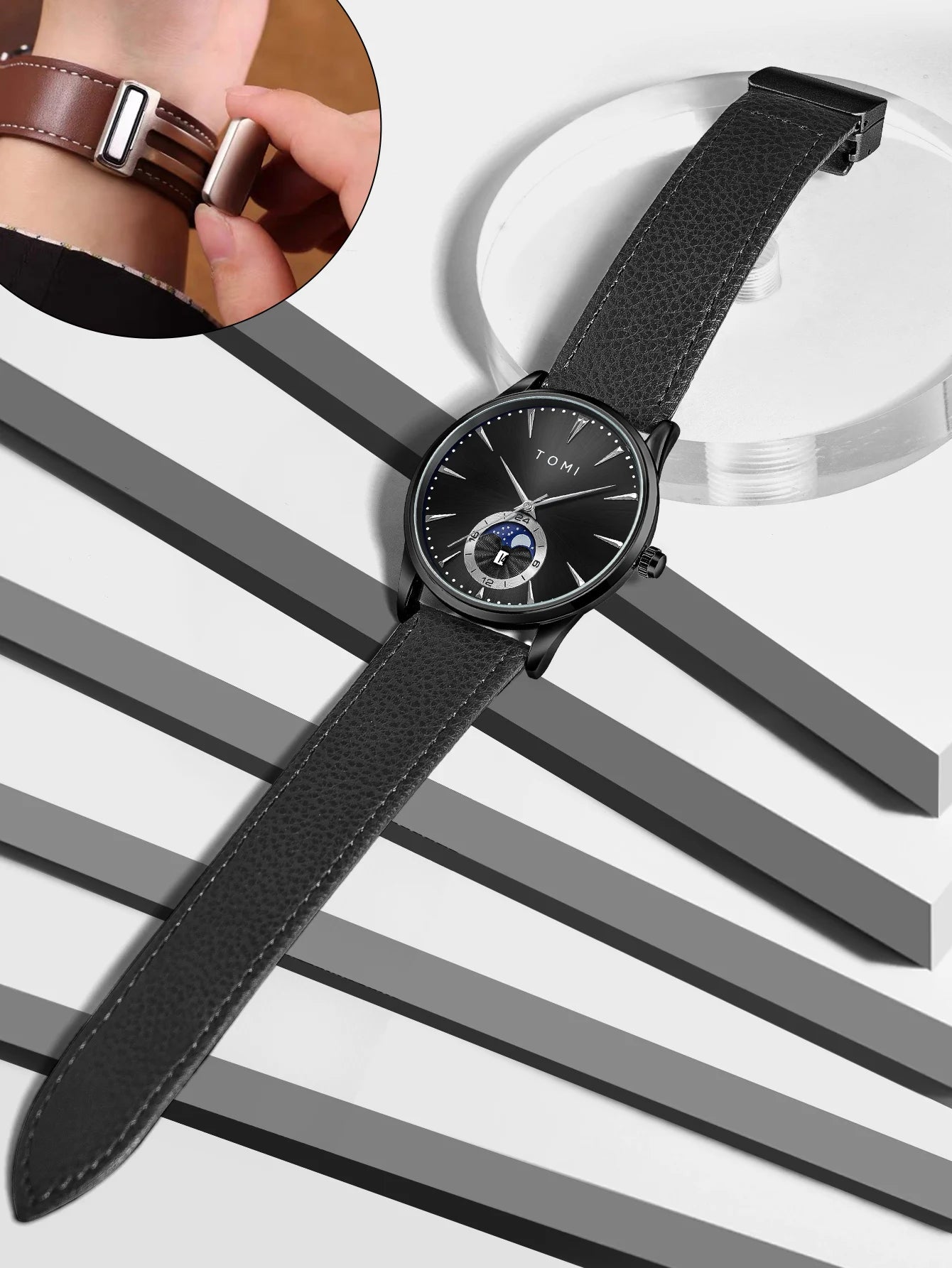 Relógio Masculino TOMI Luxo de Couro com Calendário