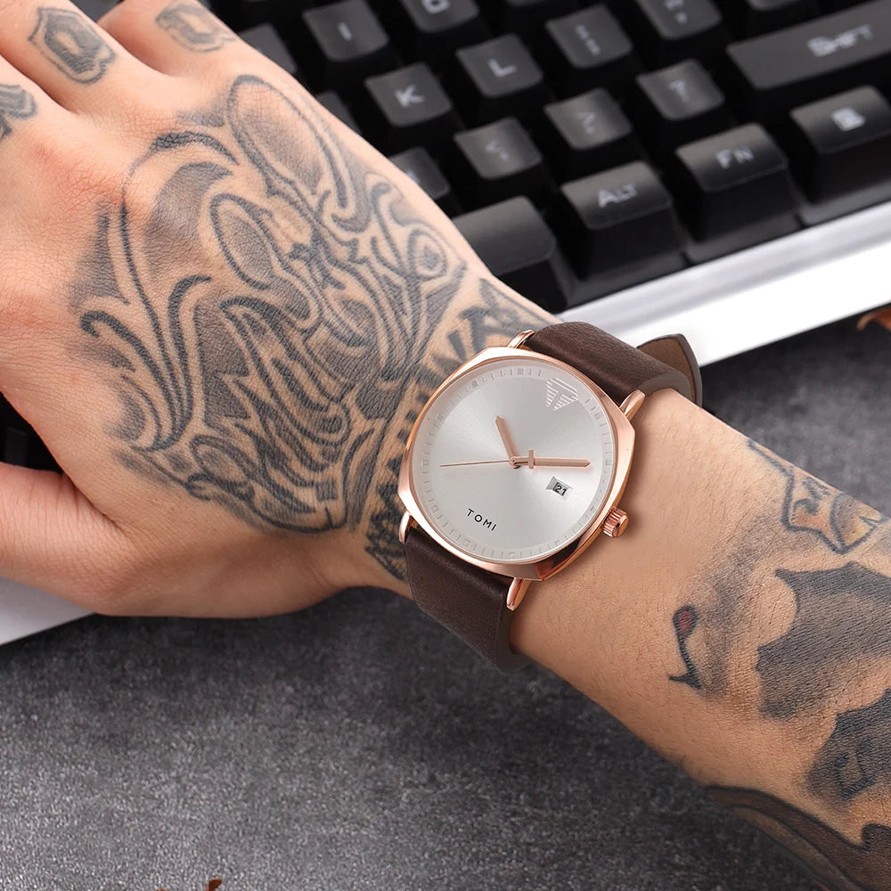 Relógio Masculino de Quartzo com Pulseira de Couro e Calendário